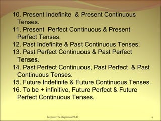 10. Present Indefinite & Present Continuous
Tenses.
11. Present Perfect Continuous & Present
Perfect Tenses.
12. Past Indefinite & Past Continuous Tenses.
13. Past Perfect Continuous & Past Perfect
Tenses.
14. Past Perfect Continuous, Past Perfect & Past
Continuous Tenses.
15. Future Indefinite & Future Continuous Tenses.
16. To be + infinitive, Future Perfect & Future
Perfect Continuous Tenses.
4Lecturer Ts.Dagiimaa Ph.D
 