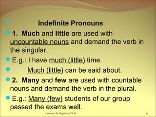   Indefinite Pronouns
1. Much and little are used with
uncountable nouns and demand the verb in
the singular.
E.g.: I have much (little) time.
 Much (little) can be said about.
2. Many and few are used with countable
nouns and demand the verb in the plural.
E.g.: Many (few) students of our group
passed the exams well.
55Lecturer Ts.Dagiimaa Ph.D
 