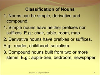 Classification of Nouns
1. Nouns can be simple, derivative and
compound.
1. Simple nouns have neither prefixes nor
suffixes. E.g.: chair, table, room, map
2. Derivative nouns have prefixes or suffixes.
E.g.: reader, childhood, socialism
3. Compound nouns built from two or more
stems. E.g.: apple-tree, bedroom, newspaper
6Lecturer Ts.Dagiimaa Ph.D
 