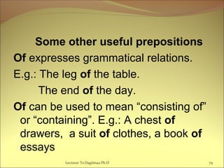 Some other useful prepositions
Of expresses grammatical relations.
E.g.: The leg of the table.
The end of the day.
Of can be used to mean “consisting of”
or “containing”. E.g.: A chest of
drawers, a suit of clothes, a book of
essays
Lecturer Ts.Dagiimaa Ph.D 79
 