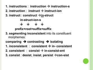 1. instructions : instruction  instruction-s
2. instruction : instruct  instruct-ion
3. instruct : construct in-struct
           in-struct-ion-s
                     
       prefix+root+suffix+suffix
3. segmenting inconsistent into its constituent
  morphemes:
comparing  contrasting  isolating
1. inconsistent : consistent  in- consistent
2. consistent : consist  in-consist-ent
3. consist : desist, insist, persist con-sist
 