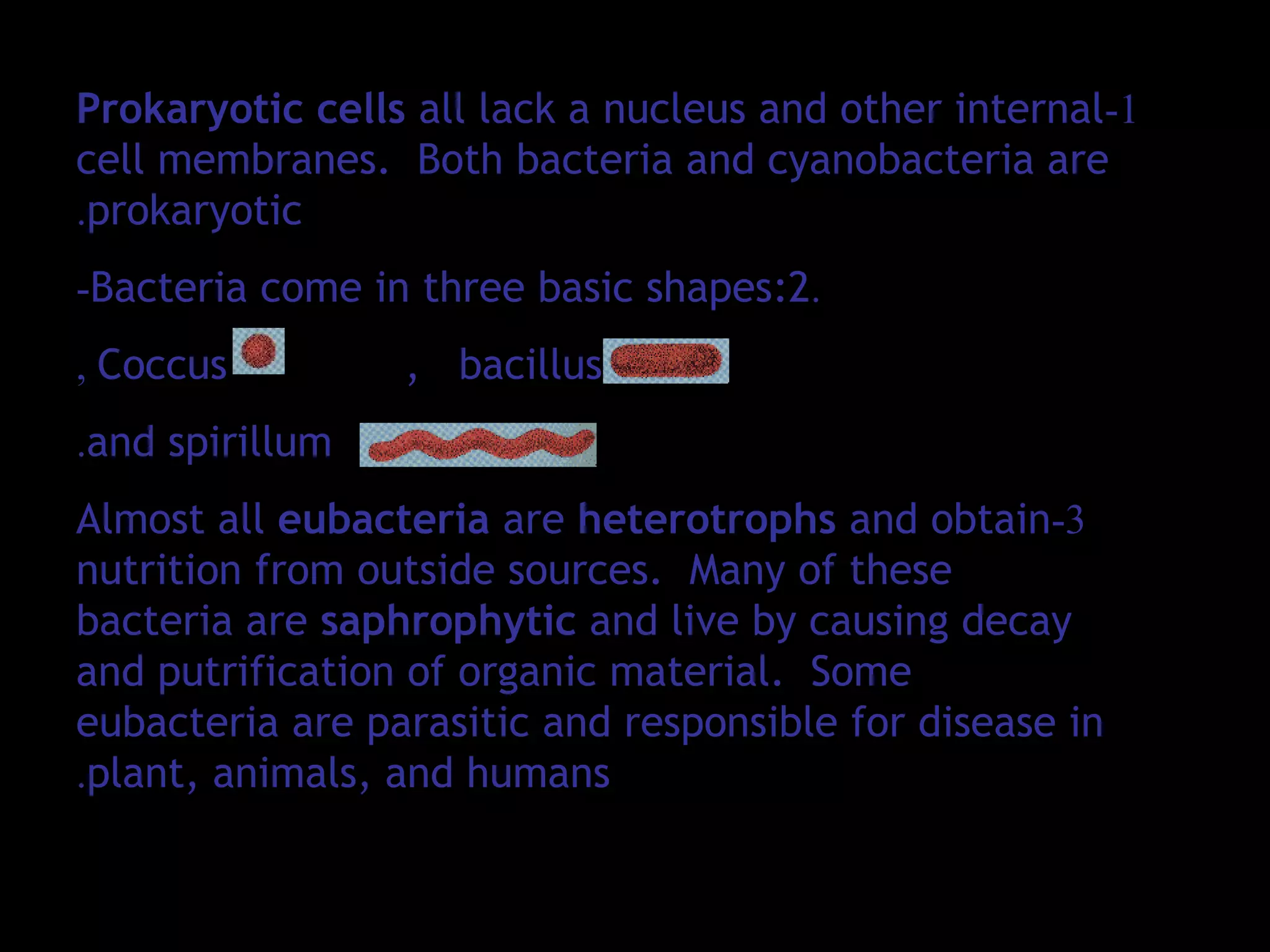 Prokaryotic cells all lack a nucleus and other internal-1
cell membranes. Both bacteria and cyanobacteria are
.prokaryotic
-Bacteria come in three basic shapes:2.
, Coccus , bacillus
.and spirillum
Almost all eubacteria are heterotrophs and obtain-3
nutrition from outside sources. Many of these
bacteria are saphrophytic and live by causing decay
and putrification of organic material. Some
eubacteria are parasitic and responsible for disease in
.plant, animals, and humans