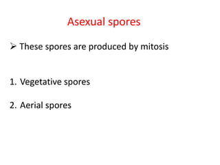 Asexual spores
 These spores are produced by mitosis
1. Vegetative spores
2. Aerial spores
 