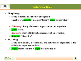 • Morphology
– Study of form and structure of organism
– Greek work: morphe meaning ‘form’ + logos means ‘study’
– Eidonomy: Study of external appearance of an organism
– Eidos: ‘form’
– Anatomy: Study of internal appearance of an organism
– Anatome: ‘dissection’
• Physiology
– Study of functions, mechanisms, and activities of organisms at the
cellular or organ system level
– Physis means ‘nature’ + logia means ‘study of’
8/1/2022 2
Introduction
 