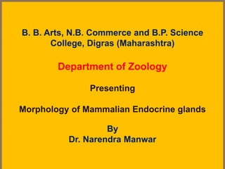 B. B. Arts, N.B. Commerce and B.P. Science
College, Digras (Maharashtra)
Department of Zoology
Presenting
Morphology of Mammalian Endocrine glands
By
Dr. Narendra Manwar
 