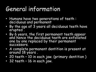 General information
• Humans have two generations of teeth :
deciduous and permanent
• By the age of 3 years all deciduous teeth have
erupted .
• By 6 years, the first permanent teeth appear
and hence the deciduous teeth are exfoliated
one by one replaced by their permanent
successors.
• A complete permanent dentition is present at
around 18 years .
• 20 teeth – 10 in each jaw. (primary dentition )
• 32 teeth – 16 in each jaw.
 