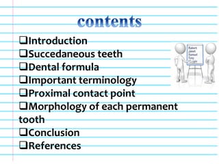 Introduction
Succedaneous teeth
Dental formula
Important terminology
Proximal contact point
Morphology of each permanent
tooth
Conclusion
References
 