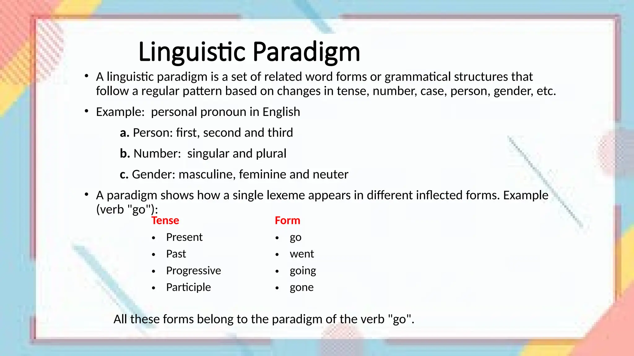 Linguistic Paradigm
• A linguistic paradigm is a set of related word forms or grammatical structures that
follow a regular pattern based on changes in tense, number, case, person, gender, etc.
• Example: personal pronoun in English
a. Person: first, second and third
b. Number: singular and plural
c. Gender: masculine, feminine and neuter
• A paradigm shows how a single lexeme appears in different inflected forms. Example
(verb "go"):
Tense Form
• Present • go
• Past • went
• Progressive • going
• Participle • gone
All these forms belong to the paradigm of the verb "go".
 