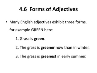4.6 Forms of Adjectives
• Many English adjectives exhibit three forms,
for example GREEN here:
1. Grass is green.
2. The grass is greener now than in winter.
3. The grass is greenest in early summer.
 