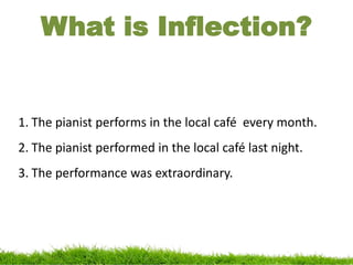 What is Inflection?
1. The pianist performs in the local café every month.
2. The pianist performed in the local café last night.
3. The performance was extraordinary.
 