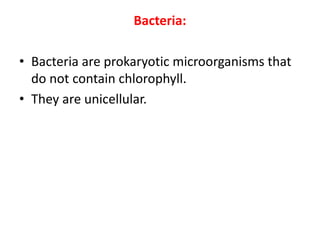 Bacteria:
• Bacteria are prokaryotic microorganisms that
do not contain chlorophyll.
• They are unicellular.
 