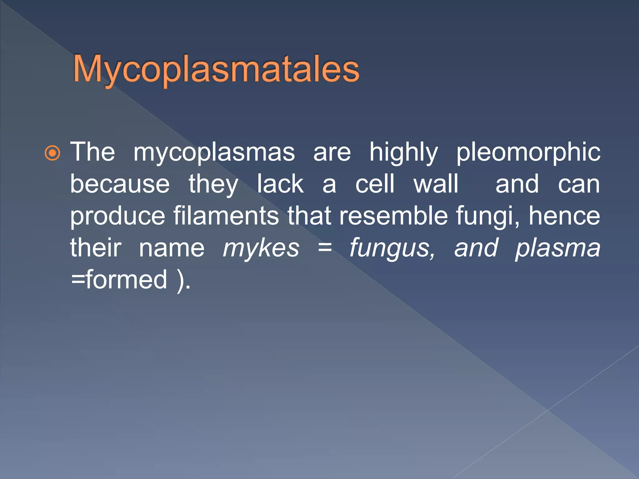  The mycoplasmas are highly pleomorphic
because they lack a cell wall and can
produce filaments that resemble fungi, hence
their name mykes = fungus, and plasma
=formed ).
 