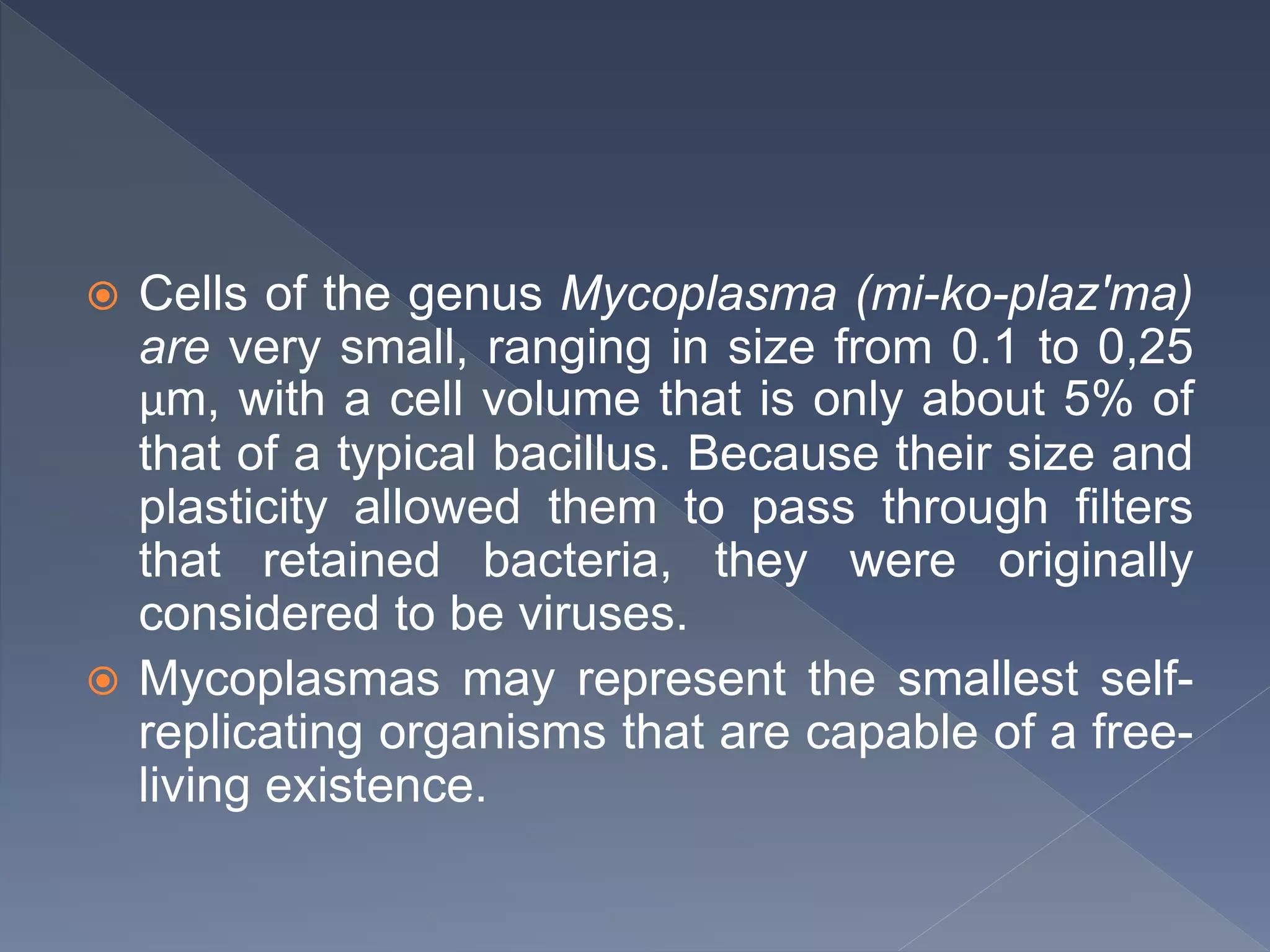  Cells of the genus Mycoplasma (mi-ko-plaz'ma)
are very small, ranging in size from 0.1 to 0,25
μm, with a cell volume that is only about 5% of
that of a typical bacillus. Because their size and
plasticity allowed them to pass through filters
that retained bacteria, they were originally
considered to be viruses.
 Mycoplasmas may represent the smallest self-
replicating organisms that are capable of a free-
living existence.
 