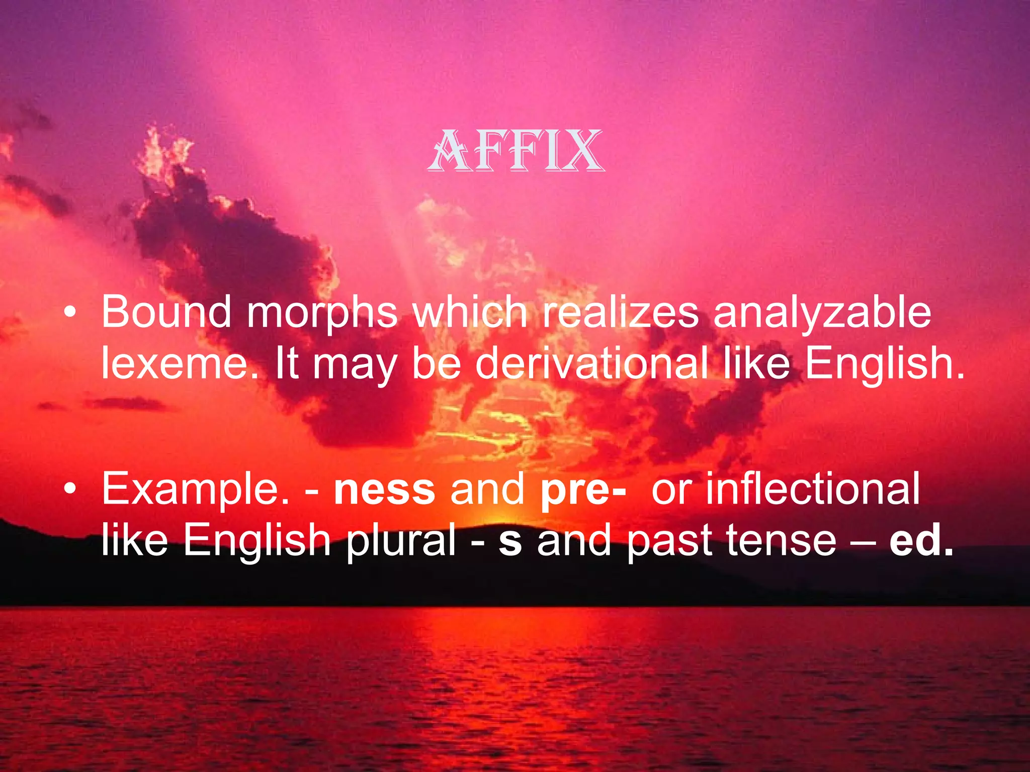 Affix Bound morphs which reali z es analyzable lexeme. It may be derivational like English. Example. -  ness  and  pre-  or inflectional like English plural -  s  and past tense –  ed. 