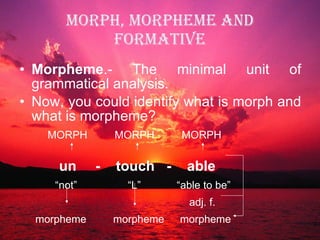 MORPH, MORPHEME AND FORMATIVE Morpheme .- The minimal unit of grammatical analysis. Now, you could identify what is morph and what is morpheme? MORPH  MORPH  MORPH   un   -  touch  -  able “ not”  “L”  “able to be”   adj. f. morpheme  morpheme   morpheme 
