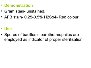 Demonstration Gram stain- unstained. AFB stain- 0.25-0.5% H2So4- Red colour. Use Spores of bacillus stearothermophilus are employed as indicator of proper sterilisation. 