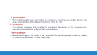 8.Measurement:
 Various histomorphometric parameters are measured, including area, length, density, and
shape characteristics of the tissue components within the ROI
9.Data Analysis:
 The software calculates and compiles the quantitative data based on the measurements,
often generating statistics and graphical representations.
10.Interpretation:
 Researchers interpret the results in the context of their specific research questions, looking
for patterns or differences in tissue morphology.
 