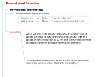 Rules of word formation
Add meaning + change the grammatical category
pronunciation
When we affix -ity to specific (pronounced “specifik” with a k
sound), we get speci-icity (pronounced “specifisity” with an s
sound). Other suffixes such as -y, -ive, and -ize may induce similar
changes: sane/sanity, deduce/deductive, critic/criticize.
On the other hand, suffixes such as -er, -ful, -ish, -less, -ly, and -ness may be
tacked onto a base word without affecting the pronunciation,
 