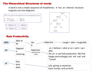 A word is not a simple sequence of morphemes. It has an internal structure.
Linguists use tree diagrams.
Ver
b
Adjective Laugh + able = laughable
Able to
be
Adjective
(derived from
verbs)
un + believe + able or un + pick + up +
able.
Yet un- is not fully productive. We find
happy and unhappy, but not sad and
*unsad
Opposit
e
meaning
rule, giving us examiner,
lover, hunter, and so forth.
One
who
does
 