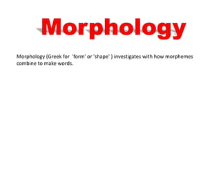 Morphology (Greek for 'form' or 'shape' ) investigates with how morphemes
combine to make words.
 
