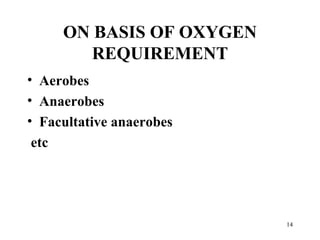 ON BASIS OF OXYGEN
        REQUIREMENT
• Aerobes
• Anaerobes
• Facultative anaerobes
 etc




                          14
 