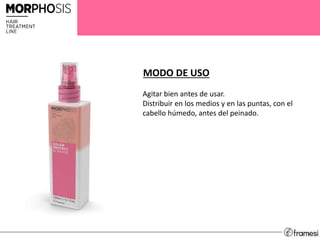 MODO DE USO
Agitar bien antes de usar.
Distribuir en los medios y en las puntas, con el
cabello húmedo, antes del peinado.
 