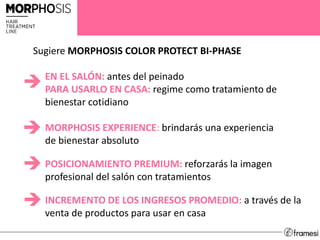 Sugiere MORPHOSIS COLOR PROTECT BI-PHASE
• EN EL SALÓN: antes del peinado
• PARA USARLO EN CASA: regime como tratamiento de
bienestar cotidiano
• MORPHOSIS EXPERIENCE: brindarás una experiencia
de bienestar absoluto
• POSICIONAMIENTO PREMIUM: reforzarás la imagen
profesional del salón con tratamientos
• INCREMENTO DE LOS INGRESOS PROMEDIO: a través de la
venta de productos para usar en casa
 