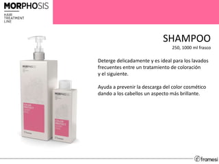 SHAMPOO
250, 1000 ml frasco
Deterge delicadamente y es ideal para los lavados
frecuentes entre un tratamiento de coloración
y el siguiente.
Ayuda a prevenir la descarga del color cosmético
dando a los cabellos un aspecto más brillante.
 