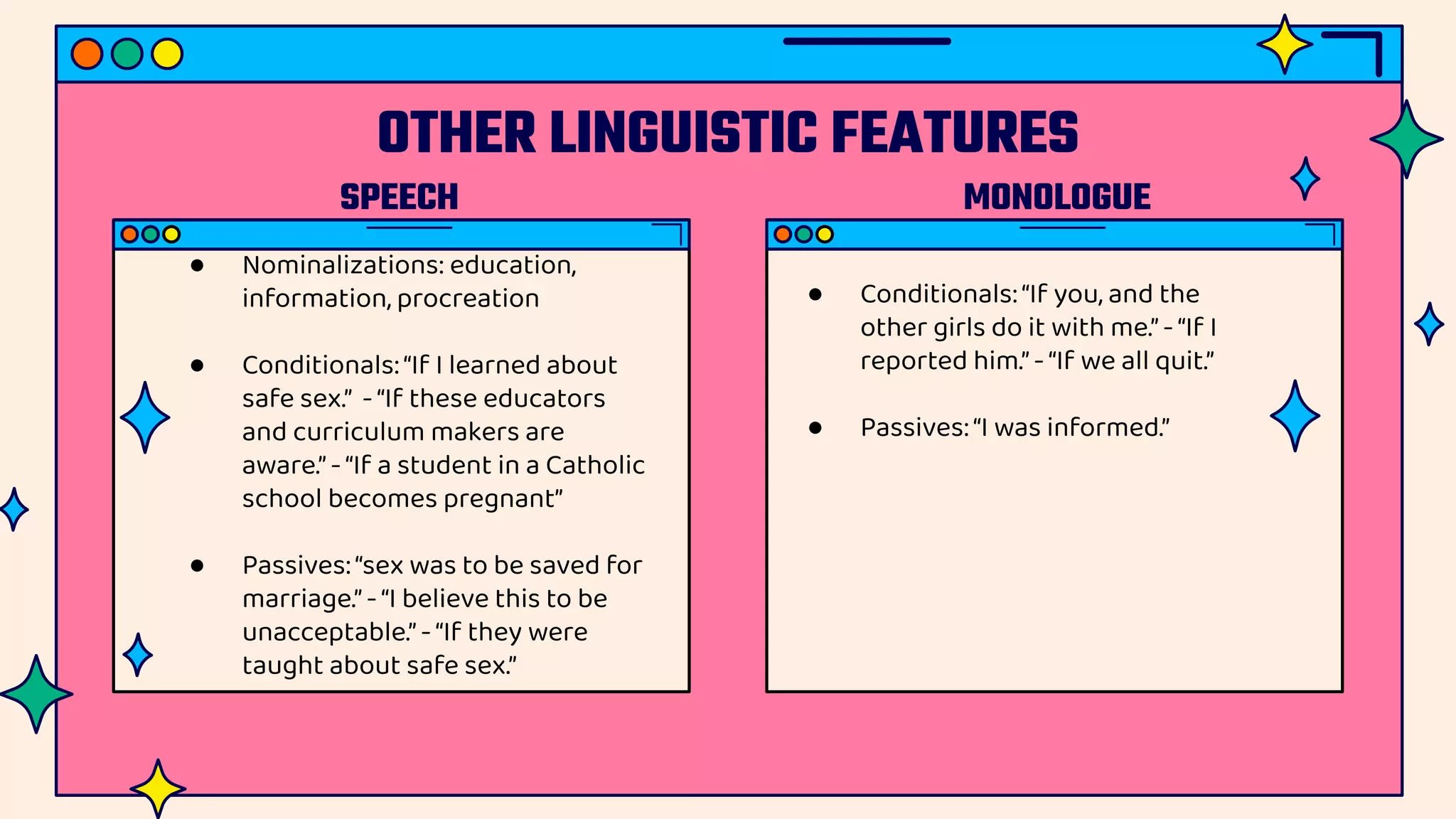 OTHER LINGUISTIC FEATURES
SPEECH MONOLOGUE
● Nominalizations: education,
information, procreation
● Conditionals: “If I learned about
safe sex.” - “If these educators
and curriculum makers are
aware.”-“If a student in a Catholic
school becomes pregnant”
● Passives:“sex was to be saved for
marriage.” -“I believe this to be
unacceptable.” -“If they were
taught about safe sex.”
● Conditionals:“If you, and the
other girls do it with me.”- “If I
reported him.”-“If we all quit.”
● Passives:“I was informed.”
 