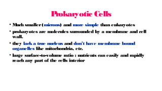 P
rokaryotic Cells
• M
uch smaller(microns) and more simple than eukaryotes
• prokaryotes are molecules surrounded by a membrane and cell
wall.
• they lack a true nucleus and don’t have membrane bound
organelles like mitochondria, etc.
• large surface-to-volume ratio : nutrients can easily and rapidly
reach any part of the cells interior
 