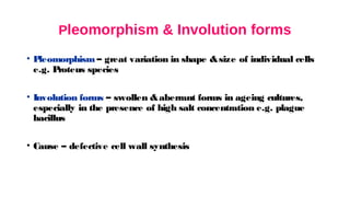 Pleomorphism & Involution forms
• P
leomorphism – great variation in shape &size of individual cells
e.g. Proteus species
• Involution forms – swollen &aberrant forms in ageing cultures,
especially in the presence of high salt concentration e.g. plague
bacillus
• Cause – defective cell wall synthesis
 
