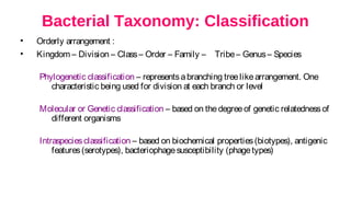 Bacterial Taxonomy: Classification
• Orderly arrangement :
• Kingdom – Division – Class– Order – Family – Tribe– Genus– Species
Phylogenetic classification – representsabranching treelikearrangement. One
characteristic being used for division at each branch or level
Molecular or Genetic classification – based on thedegreeof genetic relatednessof
different organisms
Intraspeciesclassification – based on biochemical properties(biotypes), antigenic
features(serotypes), bacteriophagesusceptibility (phagetypes)
 
