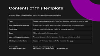 Contents of this template
Fonts To view this template correctly in PowerPoint, download and install the fonts we used
Used and alternative resources An assortment of graphic resources that are suitable for use in this presentation
Thanks slide You must keep it so that proper credits for our design are given
Colors All the colors used in this presentation
Icons and infographic resources These can be used in the template, and their size and color can be edited
Editable presentation theme You can edit the master slides easily. For more info, click here
You can delete this slide when you’re done editing the presentation
For more info:
SLIDESGO | BLOG | FAQs
You can visit our sister projects:
FREEPIK | FLATICON | STORYSET | WEPIK | VIDEVO
 