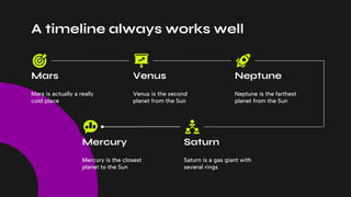A timeline always works well
Venus is the second
planet from the Sun
Mars
Mars is actually a really
cold place
Venus
Neptune is the farthest
planet from the Sun
Neptune
Mercury is the closest
planet to the Sun
Mercury
Saturn is a gas giant with
several rings
Saturn
 