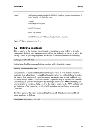 MORPHX IT                                                                                  Macros




#undef             Undefine a constant declared with #DEFINE. A defined constant cannot be used if
                   #undef is called with the define name.

                   Example
                   #define.MyConstant(100)

                   print #MyConstant;

                   #undef.MyConstant

                   print #MyConstant; // will fail, as #MyConstant is not defined.

Figure 17: Macro commands overview



4.2      Defining constants
This is macros in the simplest form. Instead of using text in your code it is strongly
recommend defining your text as constants. Often you will need an integer or a text for
setting a value. If you are going to set RGB color it is not easy to read the following:

myStringColor(255, 255, 255)

Instead you should consider defining a constant with a descriptive name:

myStringColor(#RBGColorWhite)

Using a macro as a constant rather than entering the value in code makes it easier to
maintain. If, at a later time, you need to change the value, you will only have to modify
the macro. Best practice will catch integer and text values used in code making it easy
to change integer and text values to constants. A practice way of organize the constants
you are using in your modifications is by creating a macro in the AOT for keeping all
your constants in one place. Take a look at the macros located in the AOT, and you will
see that some of the macros are prefixed with a module name followed by the word
Constants.

To define a macro the macro command #define is used. The above mentioned RGB
value is defined as follows:

#define.RBGColorWhite(255, 255, 255)




                                 © 2006 Steen Andreasen                                          105
 