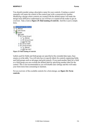 MORPHX IT                                                                           Forms


You should consider using a descriptive name for your controls. Creating a control
manually will name the control of the control type with a consecutively number.
Modifying a design where controls are created with the default names will make the
design more difficult to understand as you will have to expand all the nodes to get an
overview. Take a look at figure 25: Bad naming of controls. And this is just a simple
form.




Figure 25: Bad naming of controls

Labels used for fields and field groups are specified at the extended data types, base
enums or at the table. You will only have to specify labels for controls organizing fields
and field groups such as tab pages and grid controls. If you need another label for a field
or a field group you can override the default label by specifying another label for the
control. This is not recommended as you will disable auto settings and this will make
your form more time consuming to maintain.

For an overview of the available controls for a form design, see figure 26: Form
controls.




                                © 2006 Steen Andreasen                                  154
 