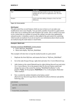 MORPHX IT                                                                                            Forms


Name                                        Description
Tree                                        Used for showing records in a tree view. The logic for
                                            handling the tree is put in an application class. See form
                                            ProjTable.

Window                                      Can be used when adding a bitmap to a form. See form
                                            KMAction.

Figure 26: Form controls


Grid Control
The grid control has several features which are nice to know as it can make your
modifications more users friendly. You can mark a number of records in a grid control
in the same way as marking files in the Windows file system. This is useful if you need
to do a certain task on a number of records like calling a run able class updating the
selected records. A checkbox control is often added to the grid control for controlling
which records are marked. If you do not need to save information about which records
are marked using the mark feature is much better.

Example 4: Multi mark

Elements used from MORPHXIT_Forms project
      Form, MyForm_MultiMark
      Menu item display. MyForm_MultiMark

This example will show how to loop the marked records in a grid control.

1.       Duplicate the form MyForm, and rename the form to “MyForm_MultiMark”.

2.       Go to the node Designs/Design, right-click and select New Control/ButtonGroup.

3.       Add a button to the control ButtonGroup by right-clicking ButtonGroup and select
         New Control/Button. Go to the property sheet for the new button control and
         change the name of the control by entering “MultiMarkTestButton” in the
         property Name. Set the property MultiMark to Yes. In the property Text enter
         “Show marked”.

4.       Now override the method clicked() on the button control
         [ButtonGroup:ButtonGroup]/Button:MultiMarkTextButton/Methods and add the
         following code:

void clicked()
{
  salesTable salesTableMarked;
;
  super();

     if (salesTable_ds.anyMarked())




                                      © 2006 Steen Andreasen                                             157
 