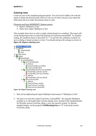 MORPHX IT                                                                     Reports


            Class, Reports_TempTable
            Report, Reports_TempTable

When using temporary tables the report should be called from a class. This will give
you the option building the temporary table on the server. The following example shows
how to create a report using a temporary table. For simplicity, the example adds 10
records to a temporary table and prints the result.

class Reports_TempTable extends runBaseReport
{
}
The class is inherited from runBaseReport.

public identifiername lastValueElementName()
{
  return reportstr(Reports_TempTable);
}
The name of the report is specified.

tmpAccountSum tempTable()
{
  CustTrans            custTrans;
  TmpAccountSum        tmpAccountSum;
  Counter              counter;
;

    while select custTrans
    {
      counter++;

         if (counter == 10)
        {
            break;
        }

        tmpAccountSum.accountNum            = custTrans.accountNum;
        tmpAccountSum.currencyCode          = custTrans.currencyCode;
        tmpAccountSum.balance01                    = custTrans.amountMST;
        tmpAccountSum.insert();
    }

    return tmpAccountSum;
}
The temporary table tmpAccountSum is used. The first ten records from the table
CustTrans are inserted into tmpAccountSum. This method is used by the report to pass
the buffer for the temporary table to the report.

static void main(Args args)
{
   Reports_TempTable reports_TempTable = new reports_TempTable();

    if (reports_TempTable.prompt())




                                      © 2006 Steen Andreasen                       228
 