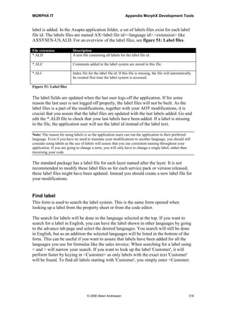 MORPHX IT                                               Appendix MorphX Development Tools


Create upgrade project
When doing an upgrade of an application, the first step is to create an upgrade project.
This will create an AOT project containing all objects where the current layer is
modified. An option can be checked to delete changes from the current layer, which
now is a part of the lower layer. If you have imported a hot fix in the current layer, you
might consider using this option, as hot fixes are normally merged into the released
service packs or version updates.

Having created the upgrade project, you will be able to carry on comparing the objects
using the compare tool.


Compare layers
To make a complete comparison of the differences in two layers, the Compare layers
tool can be used. An AOT project will be made with the objects which only exist in the
chosen source layer or where the source and the reference layers are not equal.
If you have upgraded to a beta version, or if you have installed a pre-released service
pack, using the compare layers tools will give you a quick overview of the changes
made between the different versions.



13.12 Wizards
The wizards in the Wizards menu will help you get started creating the base of objects
like reports and classes. Starting out using a wizard can be a good exercise, as you get to
know how the basic of an object is created, like which properties are usually set and
which controls are usually added. The report wizard is especially useful, and will help
you discover how to use certain properties rather than browsing around the report nodes
in the AOT.

If you drill down the menu node in the AOT, you will find the menu Wizards. From
here you can add your own wizards.


Report Wizard
To learn how the report generator works, use the report wizard. The wizard will build
the base for your report. If you have simple reports, you might not even have to go to
the AOT. For a complete walk through of the report wizard, see Appendix Report
Wizard.


Wizard Wizard
Until Axapta 2.5 it was considered best practice to provide the application users with
the option of using wizards for creating records in complex forms. This was changed




                               © 2006 Steen Andreasen                                    316
 