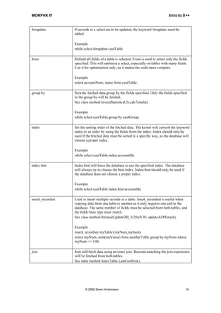 MORPHX IT                                                                             Intro to X++


forupdate          If records in a select are to be updated, the keyword forupdate must be
                   added.

                   Example
                   while select forupdate custTable

from               Default all fields of a table is selected. From is used to select only the fields
                   specified. This will optimize a select, especially on tables with many fields.
                   Use it for optimization only, as it makes the code more complex.

                   Example
                   select accountNum, name from custTable;

group by           Sort the fetched data group by the fields specified. Only the fields specified
                   in the group by will be fetched.
                   See class method InventStatisticsUS.calcTotals().

                   Example
                   while select custTable group by custGroup;

index              Set the sorting order of the fetched data. The kernel will convert the keyword
                   index to an order by using the fields from the index. Index should only be
                   used if the fetched data must be sorted in a specific way, as the database will
                   choose a proper index.

                   Example
                   while select custTable index accountIdx

index hint         Index hint will force the database to use the specified index. The database
                   will always try to choose the best index. Index hint should only be used if
                   the database does not choose a proper index.

                   Example
                   while select custTable index hint accountIdx

insert_recordset   Used to insert multiple records in a table. Insert_recordset is useful when
                   copying data from one table to another as it only requires one call to the
                   database. The same number of fields must be selected from both tables, and
                   the fields base type must match.
                   See class method ReleaseUpdateDB_V25toV30. updateASPEmail().

                   Example
                   insert_recordset myTable (myNum,mySum)
                   select myNum, sum(myValue) from anotherTable group by myNum where
                   myNum <= 100;

join               Join will fetch data using an inner join. Records matching the join expression
                   will be fetched from both tables.
                   See table method SalesTable.LastConfirm().




                          © 2006 Steen Andreasen                                                   61
 