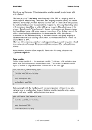 MORPHX IT                                                                     Data Dictionary


CustGroup and Currency. Without any coding you have already created a new table
with relations!

The table property TableGroup is used to group tables. This is a property which is
often forgotten when creating a new table. This property is used to specify the content
of a table. For example, whether the table is a main table or a transaction table; such as
the customer and customer transaction tables respectively. Browsing the existing tables
will give you an idea of how to set the table group property. The default value of the
property TableGroup is "Miscellaneous". As data confirmations and data exports can
be filtered based on the table group property it must be set. If not defined correctly for
tables containing huge amount of data, such as transaction tables, joined select
statements will not perform optimally as the kernel uses the table group property to
determine whether to select using forceLiterals. For more information on selects, see
chapter Intro to X++.
There are still some more properties which require setting, especially properties related
to security and performance. The common table properties will be explained in this
chapter.

For a complete overview of the properties for the data dictionary, please see the
Appendix Properties.


Table variables
Tables are declared in X++ like any other variable. To initiate a table variable with a
value from the database select statements are used. You can also set a table variable
equal to another as long as both tables variables are of the same type.

static void DataDic_OneCursor(Args _args)
{
   CustTable custTable, newCustTable;
;

    select firstonly custTable;

    newCustTable = custTable;
}

In this example with the CustTable, only one cursor position will exist if one table
variable is set to equal another. If one of the table variables is used to select another
record, both table variables will point to the new record.

static void DataDic_TwoCursors(Args _args)
{
   CustTable custTable, newCustTable;
;

    select firstonly custTable;

    newCustTable.data(custTable);




                                    © 2006 Steen Andreasen                                  69
 