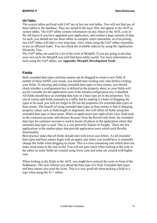 MORPHX IT                                                                  Data Dictionary


Util Tables
The system tables prefixed with Util* are in fact not real tables. You will not find any of
these tables in the database. They are stored in the layer files, but appear in the AOT as
system tables. The Util* tables contain information on any object in the AOT, even in
the old layers if you have upgraded your application, and contain a huge amount of data.
As such, you should not use these tables in complex select statements, as even joining
two Util* tables will take a very long time. Also, when using the Util* tables remember
to use an efficient index. You can check the available indexes by using the Application
Hierarchy Tree.
The Util* tables are used for a lot of the tools in MorphX. If you are going to develop
your own tools for MorphX you will find these tables useful. For more information on
tools using the Util* tables, see Appendix MorphX Development Tools.


Fields
Both extended data types and base enums can be dragged to create a new field. If
neither of these fulfills your needs, you should start creating new ones before creating
your fields. If selecting and exiting extended data types or base enums, you should
check whether a configuration key is defined in the property sheet, as your fields will
not be viewable for the application users if the related configuration key is disabled.
All fields should have an extended data type or a base type set in the properties. You
can of course add fields manually to a table, but by making it a habit of dragging the
types to be used, you will not forget to fill out the properties for extended data types or
base enums. The benefit of using extended data types or base enums is that if changing
property values such as field length or alignment, this will affect all fields using this
extended data type or base enum. When an application user right-clicks a key field such
as the customer account, and chooses Rename from the Record info form, the extended
data type for customer account is used to locate all places in the application where that
extended data type is used. This is a very powerful feature of Axapta. There are few
applications in the market-place that provide application users which such flexible
functionality.
Best practice states that all fields should start with lower case letters. As all extended
data types and base enums begin with an upper case letter, you would have to manually
change the fields when dragging to create. This is a time consuming rule which does not
make must sense in the real world. You will not gain much when looking at the code in
the editor as some fields are created using lower case and some are created with higher
case.

When looking at the fields in the AOT, you might have noticed the icons in front of the
fieldnames. The icon informs you about the base type of a field. Extended data types
and base enums also used the icons. This is a very good aid when picking a field or a
type when using the X++ editor.




                              © 2006 Steen Andreasen                                     73
 