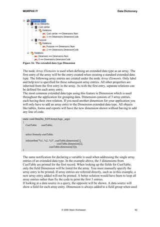 MORPHX IT                                                                    Data Dictionary




Figure 16: The extended data type Dimension

The node Array Elements is used when defining an extended data type as an array. The
first entry of the array will be the entry created when creating a standard extended data
type. The following array entries are created under the node Array Elements. Only label
and help text is specified for these subsequent array entries. All other properties are
inherited from the first entry in the array. As with the first entry, separate relations can
be defined for each array entry.
The most common extended data type using this feature is Dimension which is used
throughout the application for grouping data. Dimension consists of 3 array entries,
each having their own relation. If you need another dimension for your application you
will only have to add an array entry to the Dimension extended data type. All objects
like tables, forms and reports will have the new dimension shown without having to add
any line of code.

static void DataDic_EDTArray(Args _args)
{
   CustTable     custTable;
;

    select firstonly custTable;

    info(strfmt("%1, %2, %3", custTable.dimension[1],
                               custTable.dimension[2],
                         custTable.dimension[3]));
}

The same notification for declaring a variable is used when addressing the single array
entries of an extended data type. In the example above, the 3 dimensions from
CustTable are printed for the first record. When looking up the fields for CustTable,
only the field Dimension will be listed for the array. You must manually specify the
array entry to be printed. If array entries are referred directly, such as in this example, a
new array entry added will not be printed. A better solution would have been to loop all
array entries rather than fix the code to print the first 3 entries.
If looking at a data source in a query, the opposite will be shown. A data source will
show a field for each array entry. Dimension is always added to a field group when used




                                   © 2006 Steen Andreasen                                  92
 