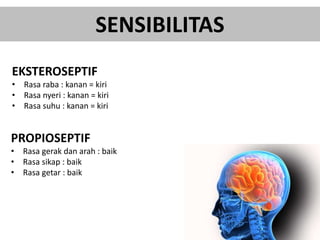 SENSIBILITAS
EKSTEROSEPTIF
• Rasa raba : kanan = kiri
• Rasa nyeri : kanan = kiri
• Rasa suhu : kanan = kiri
PROPIOSEPTIF
• Rasa gerak dan arah : baik
• Rasa sikap : baik
• Rasa getar : baik
 