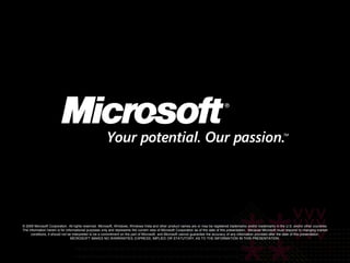 © 2009 Microsoft Corporation. All rights reserved. Microsoft, Windows, Windows Vista and other product names are or may be registered trademarks and/or trademarks in the U.S. and/or other countries.The information herein is for informational purposes only and represents the current view of Microsoft Corporation as of the date of this presentation.  Because Microsoft must respond to changing market conditions, it should not be interpreted to be a commitment on the part of Microsoft, and Microsoft cannot guarantee the accuracy of any information provided after the date of this presentation.  MICROSOFT MAKES NO WARRANTIES, EXPRESS, IMPLIED OR STATUTORY, AS TO THE INFORMATION IN THIS PRESENTATION.