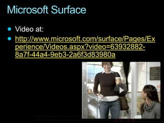 Microsoft SurfaceVideo at: http://www.microsoft.com/surface/Pages/Experience/Videos.aspx?video=63932882-8a7f-44a4-9eb3-2a6f3d83980a