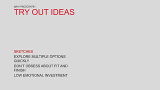 WHY PROTOTYPE?

TRY OUT IDEAS



SKETCHES
EXPLORE MULTIPLE OPTIONS
QUICKLY
DON’T OBSESS ABOUT FIT AND
FINISH
LOW EMOTIONAL INVESTMENT
 