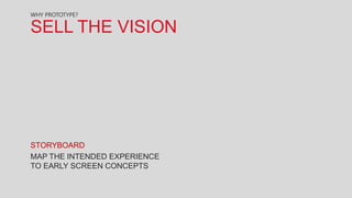 WHY PROTOTYPE?

SELL THE VISION




STORYBOARD
MAP THE INTENDED EXPERIENCE
TO EARLY SCREEN CONCEPTS
 