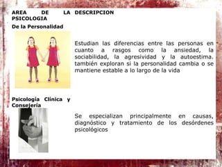 AREA DE LA
PSICOLOGIA
DESCRIPCION
De la Personalidad
Estudian las diferencias entre las personas en
cuanto a rasgos como la ansiedad, la
sociabilidad, la agresividad y la autoestima.
también exploran si la personalidad cambia o se
mantiene estable a lo largo de la vida
Psicología Clínica y
Consejería
Se especializan principalmente en causas,
diagnóstico y tratamiento de los desórdenes
psicológicos
 