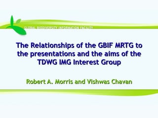 The Relationships of the GBIF MRTG to the presentations and the aims of the TDWG IMG Interest Group Robert A. Morris and Vishwas Chavan 